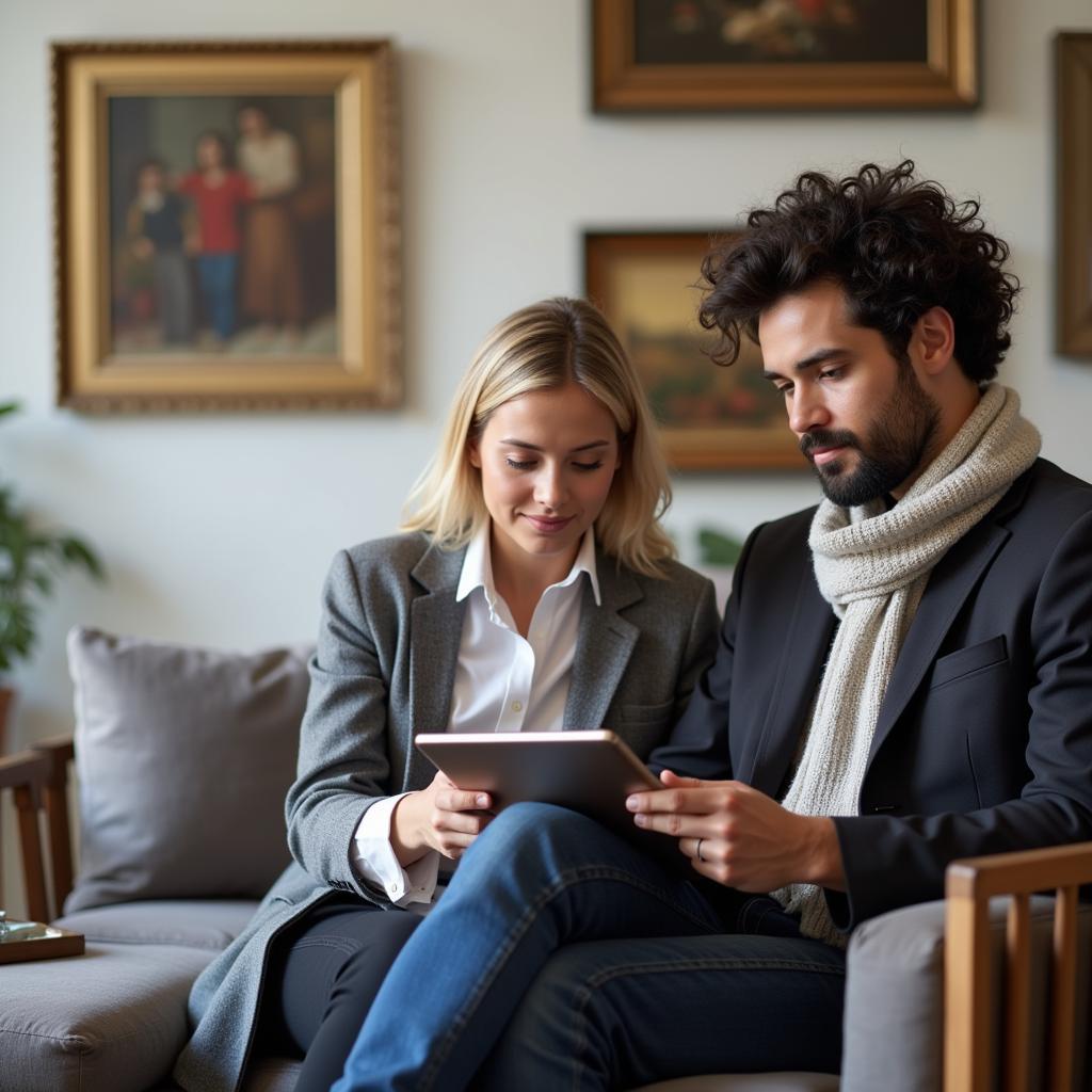 Artist reviewing art consultant's portfolio on a digital tablet