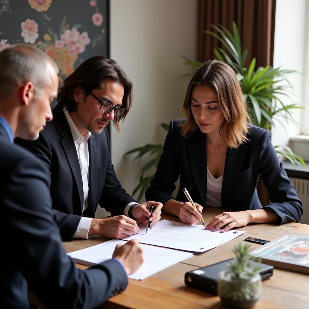 Artist carefully reviewing a consignment agreement with their lawyer