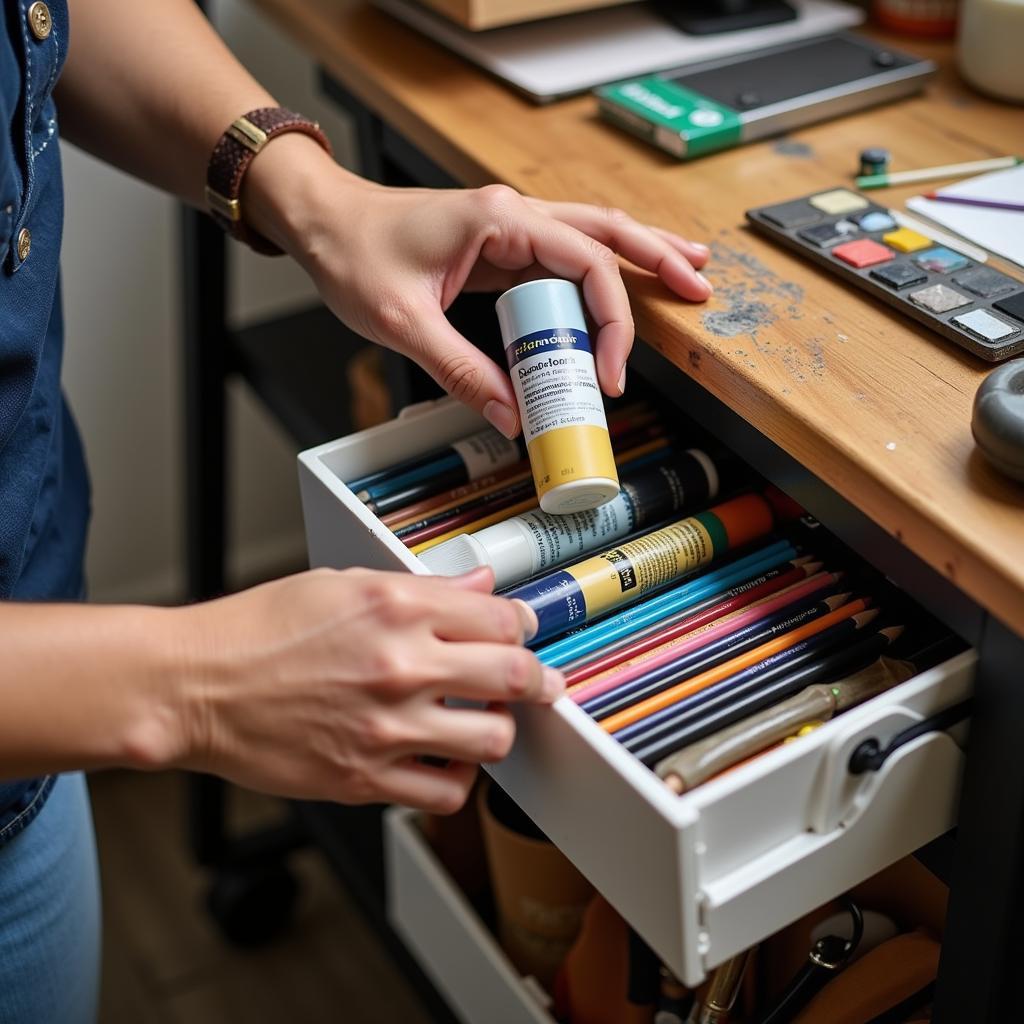 Artist Selecting Paints from their Art Cart