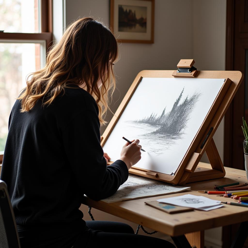 An artist sketching in a naturally lit studio using an adjustable art table