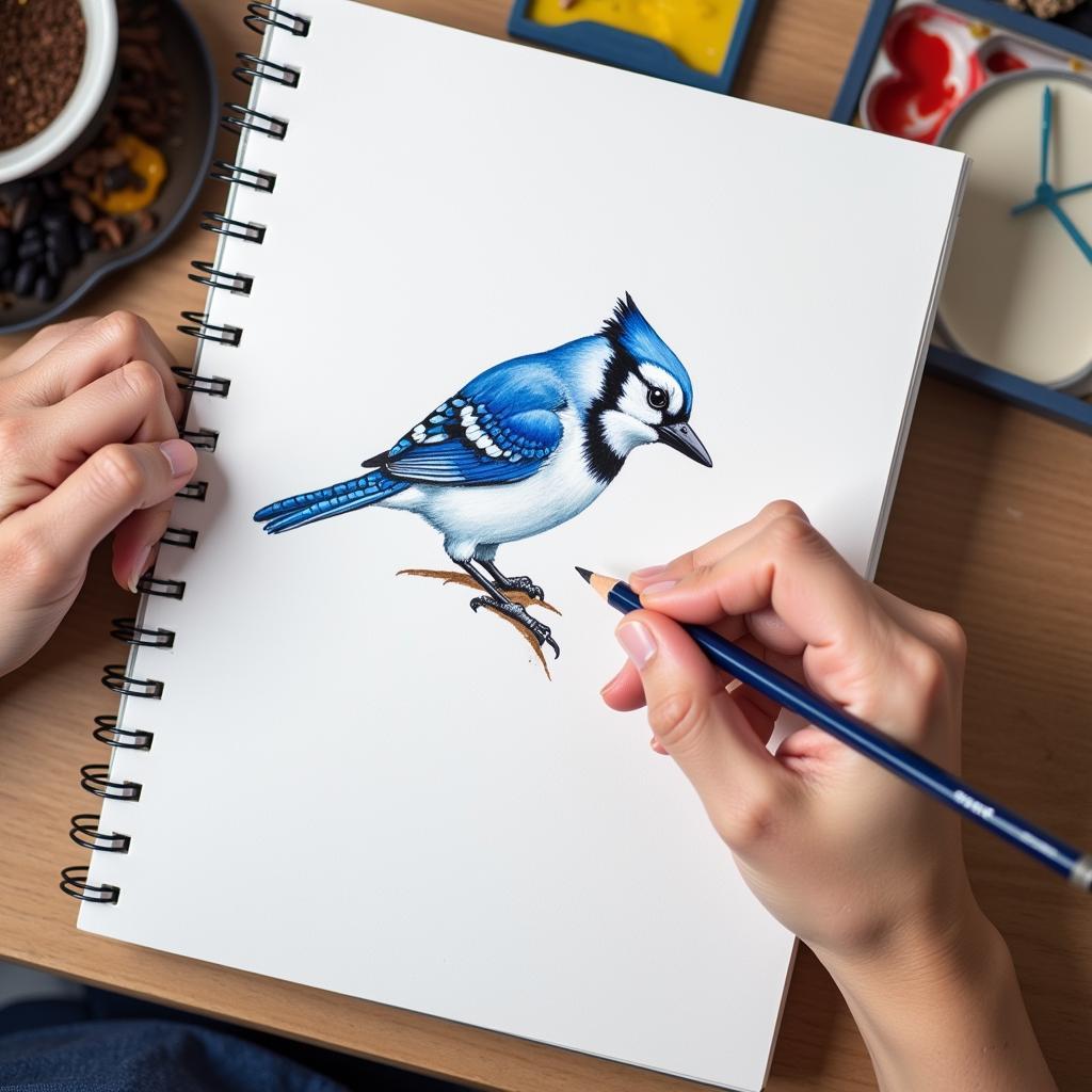 Artist sketching a blue jay in a sketchbook