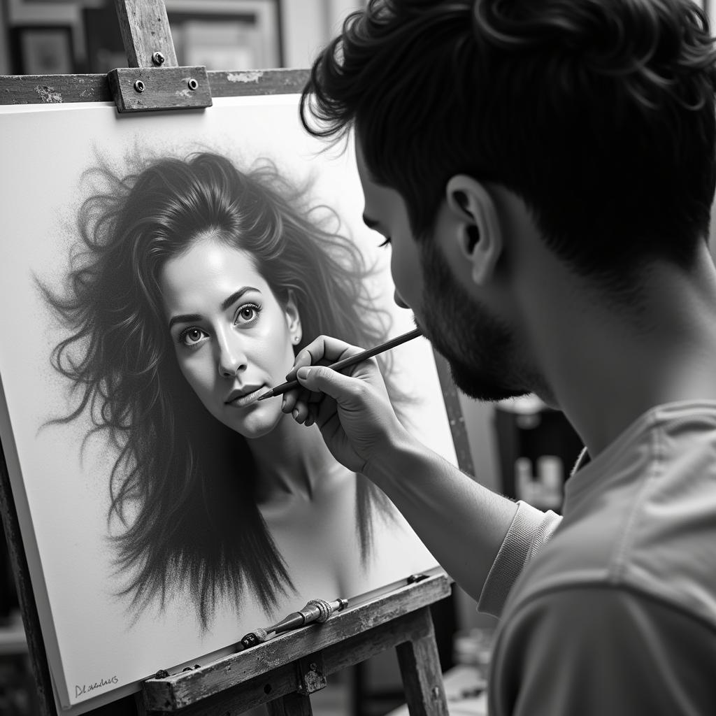 Artist Sketching a Charcoal Portrait in Neutral Tones