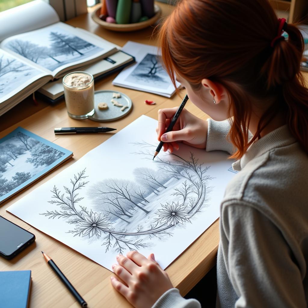 Artist Sketching Winter Art Nouveau Design 