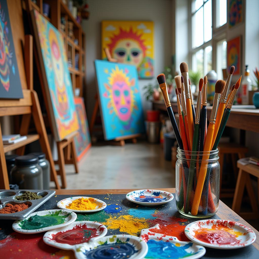 An Artist's Studio Filled with Paintbrushes, Palettes, and Colorful Canvases