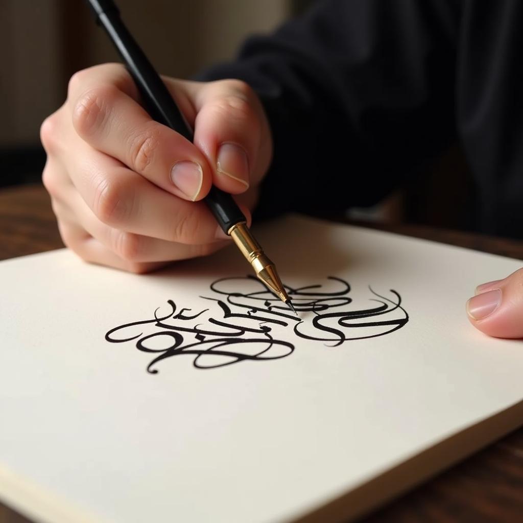 Artist Using Art Dip Pen to Create Calligraphy