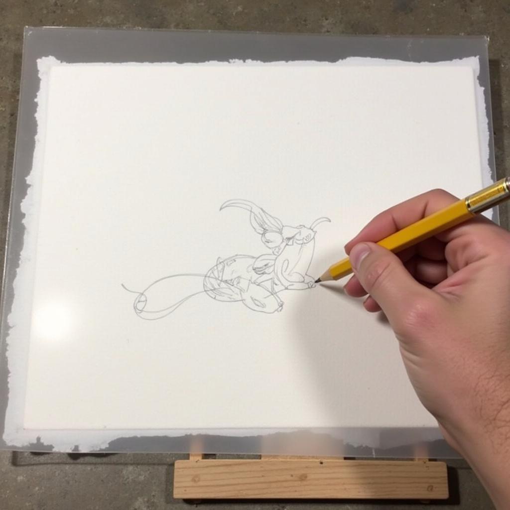 Artist using glassine paper to trace a sketch onto canvas.