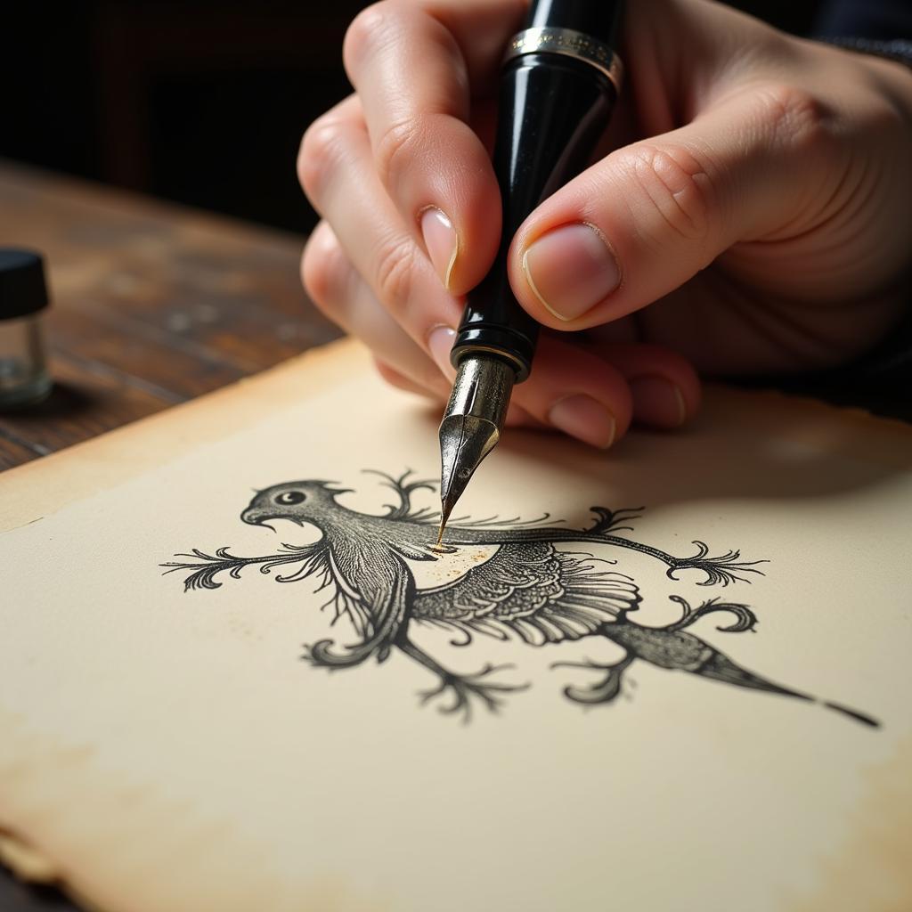 Artist using vintage ink and pen