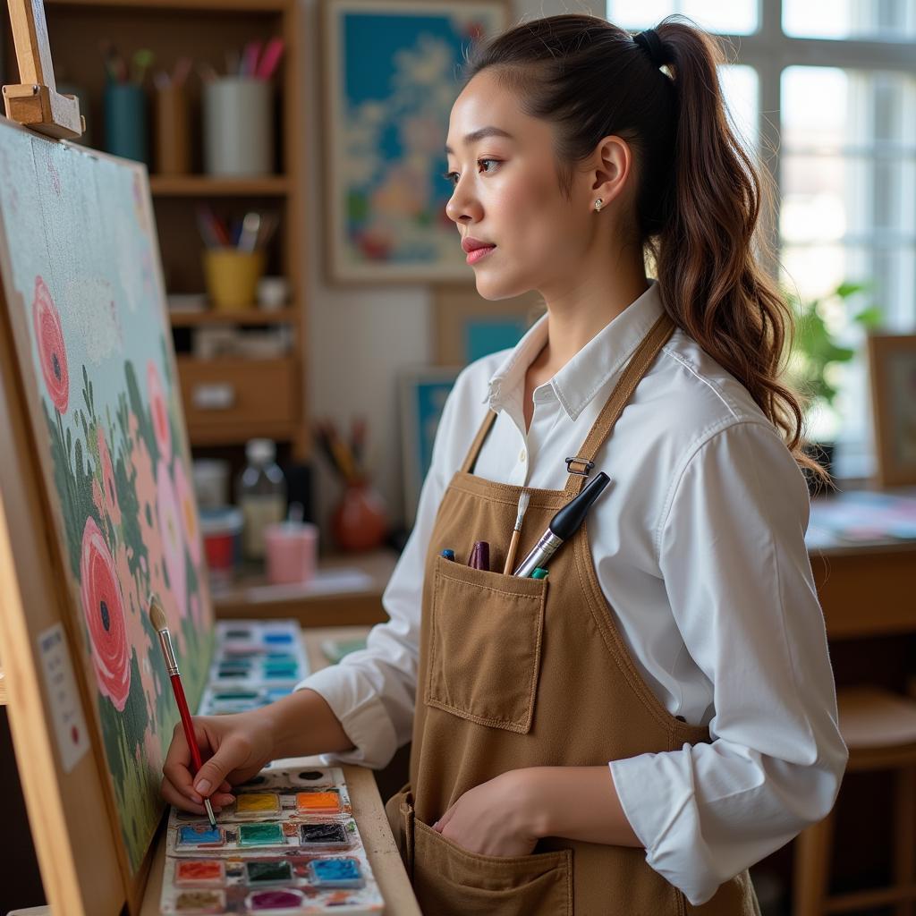 Artist Wearing an Apron While Painting