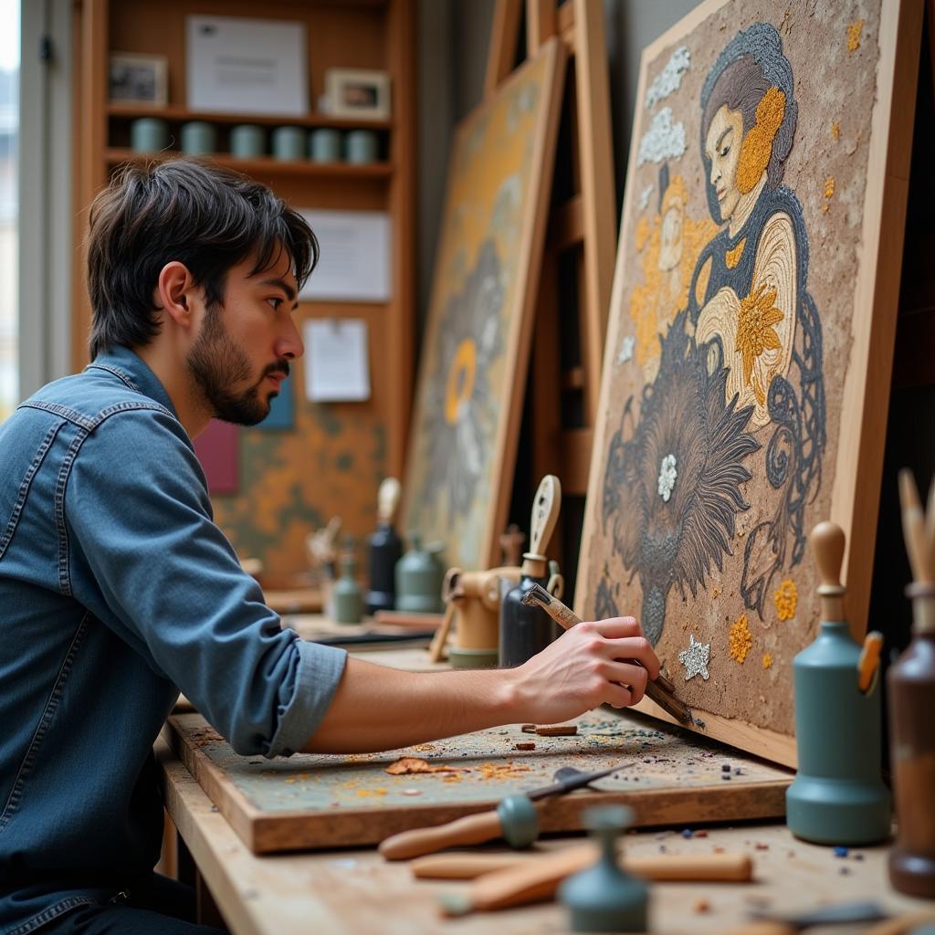 Artist Creating on Wood