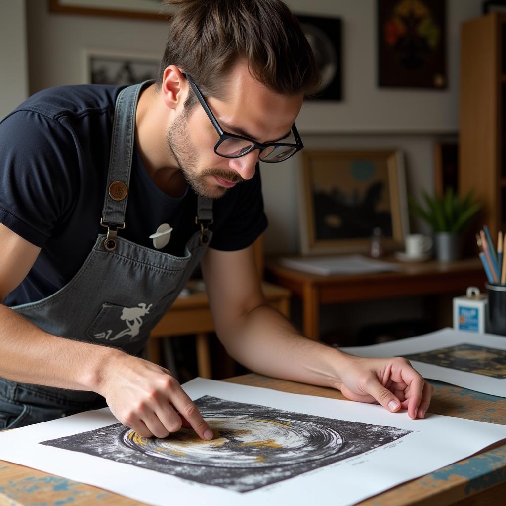 An artist reviewing a print on fine art paper velvet.