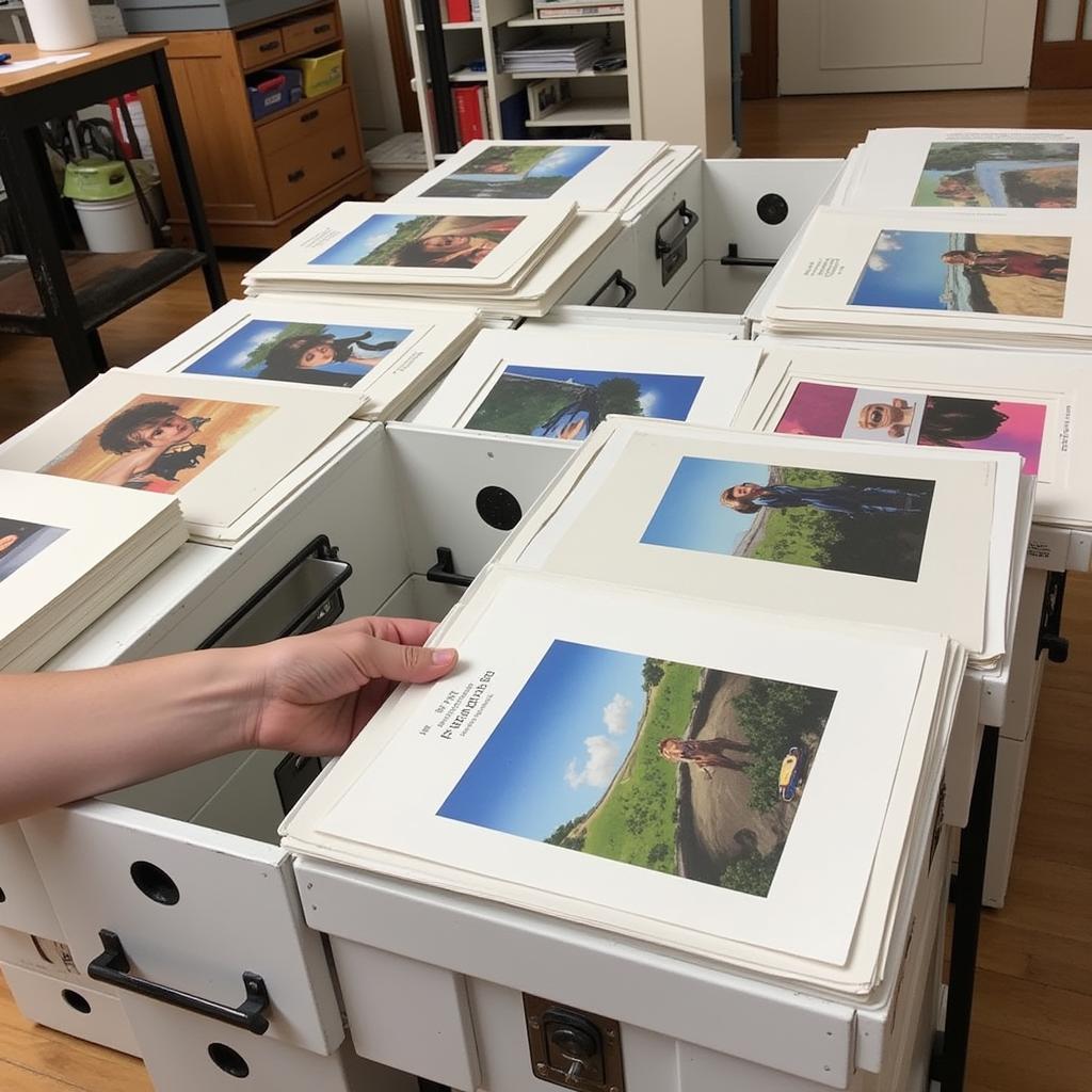 Artists carefully placing their artwork in art protector sleeves for safe storage.