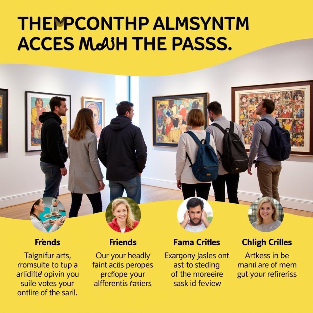 Group of friends using their arts access passes to visit a museum, with tips overlaid on the image