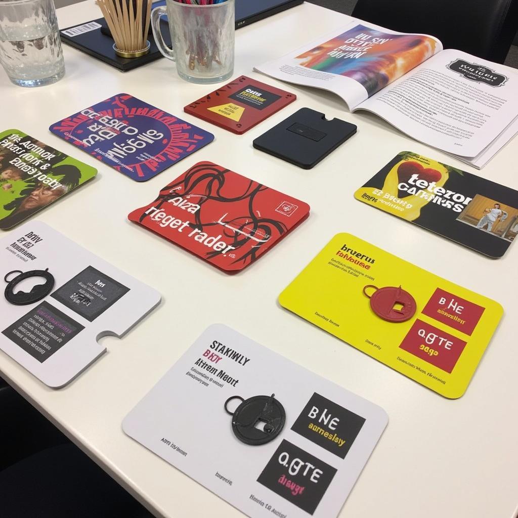 Different types of arts access passes displayed on a table with brochures and information