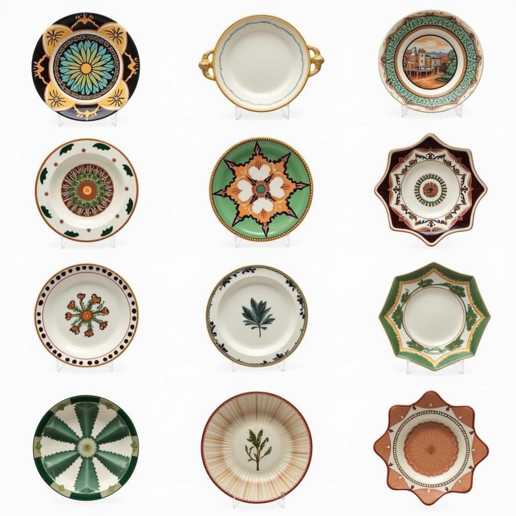 A diverse collection of arts and crafts dinnerware showcasing different styles, from Art Nouveau to Art Deco, highlighting the variety and artistic range within the movement.