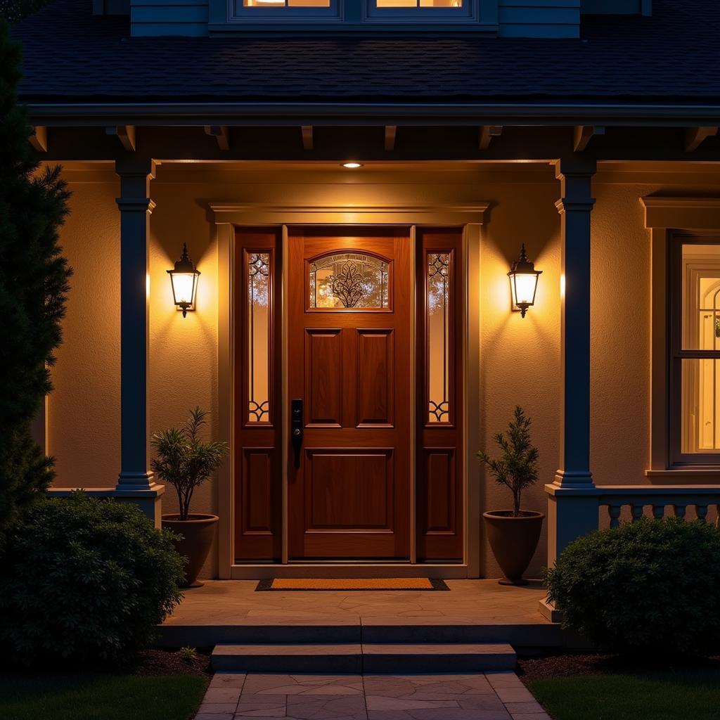 Arts & Crafts style door with outdoor lighting