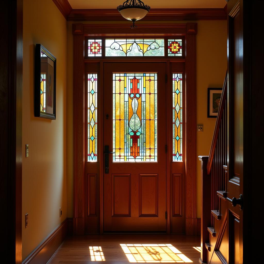 Stained glass panel on an Arts & Crafts style door