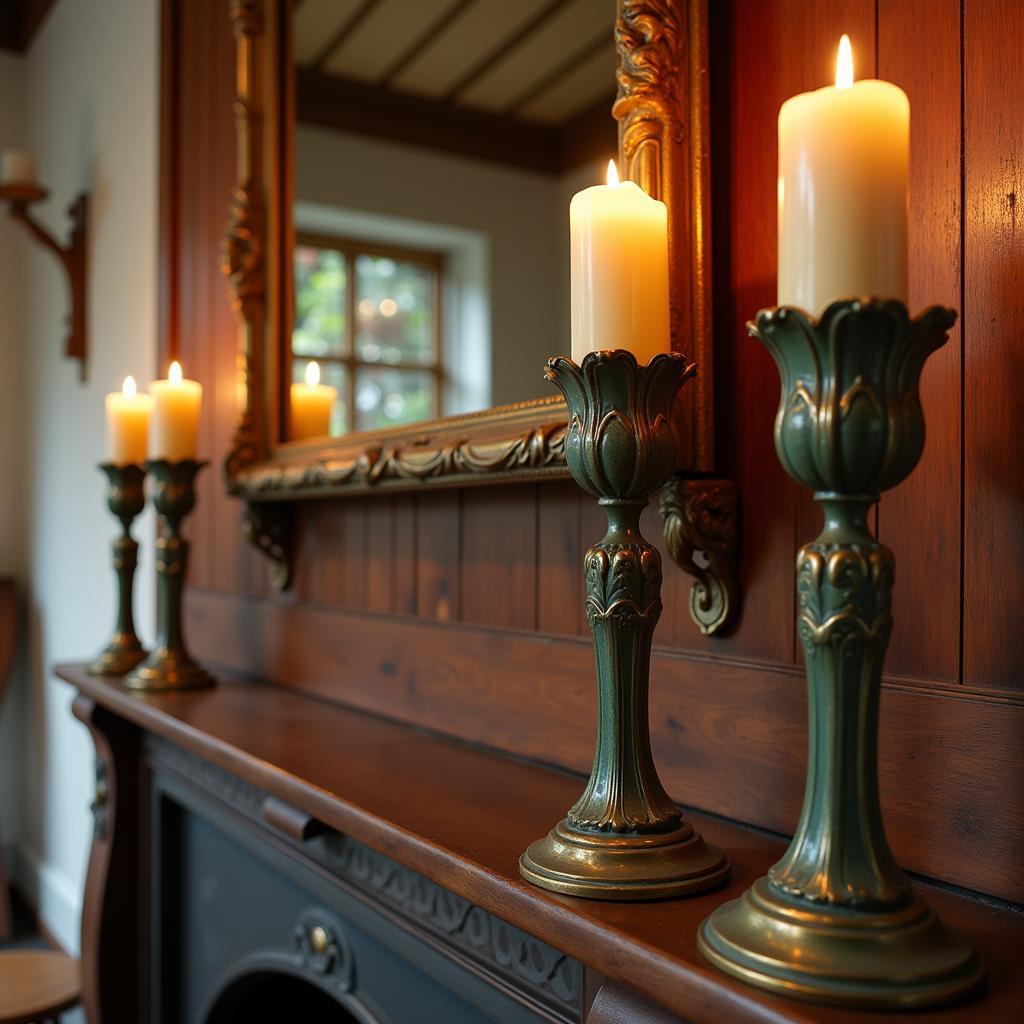 Arts and Crafts Fireplace Decorated with Candlesticks