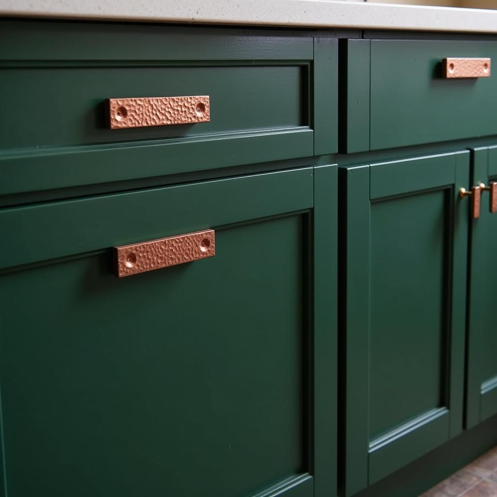 Arts and Crafts kitchen cabinets with hammered copper pulls