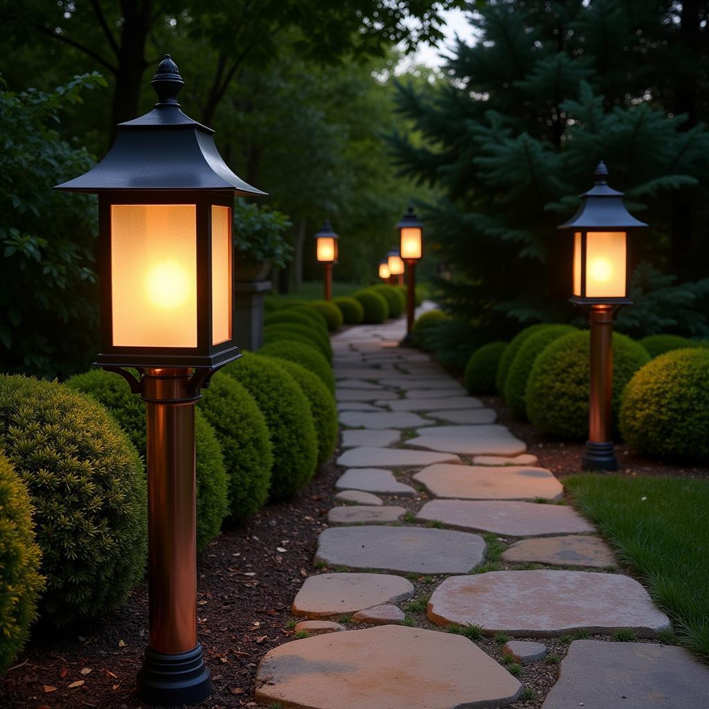 Arts and Crafts Style Post Lights Lining a Garden Path