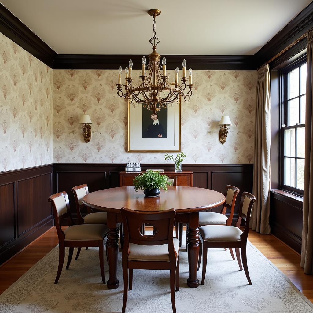 Dining room with arts and crafts style wallpaper