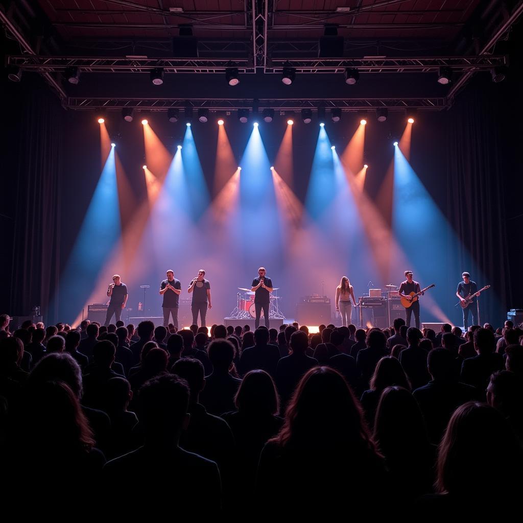 A live musical performance on a stage with dramatic lighting