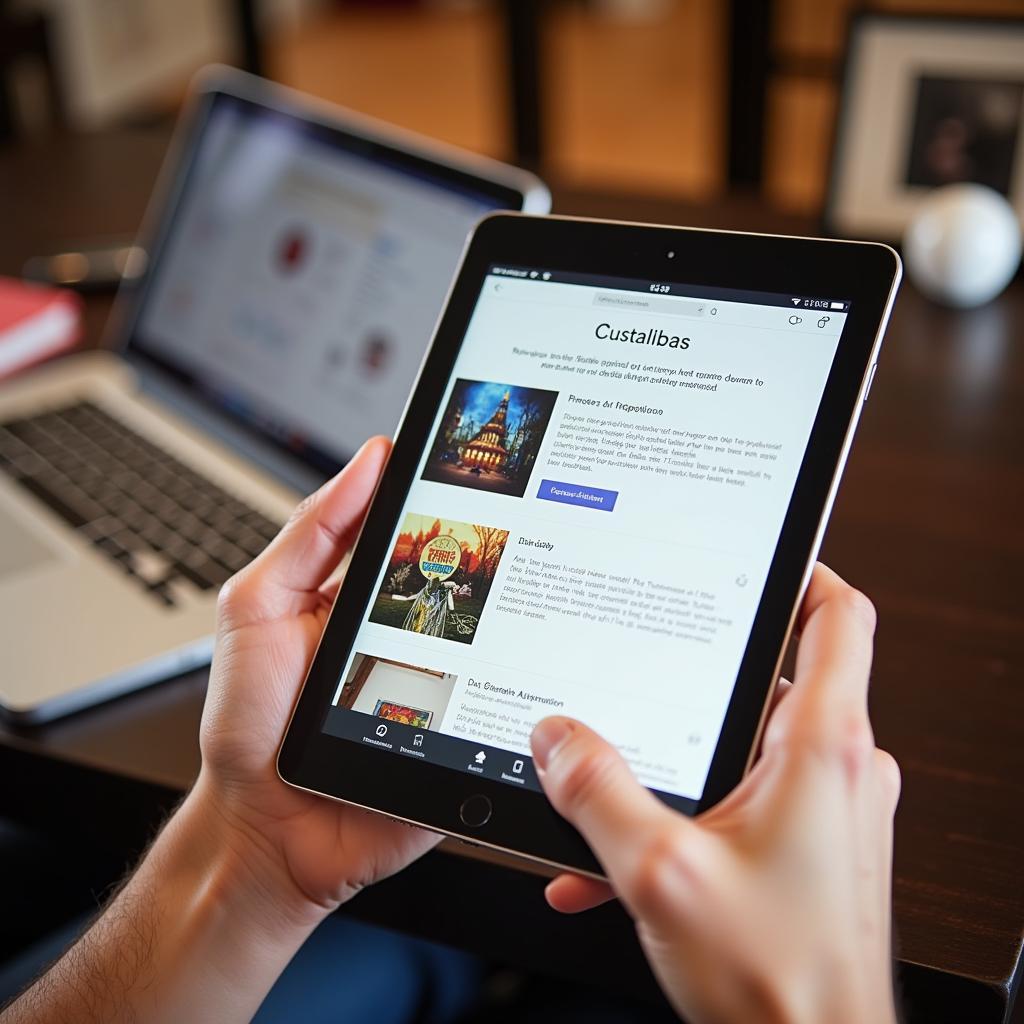 A person reviewing a curated portfolio of digital art on a tablet