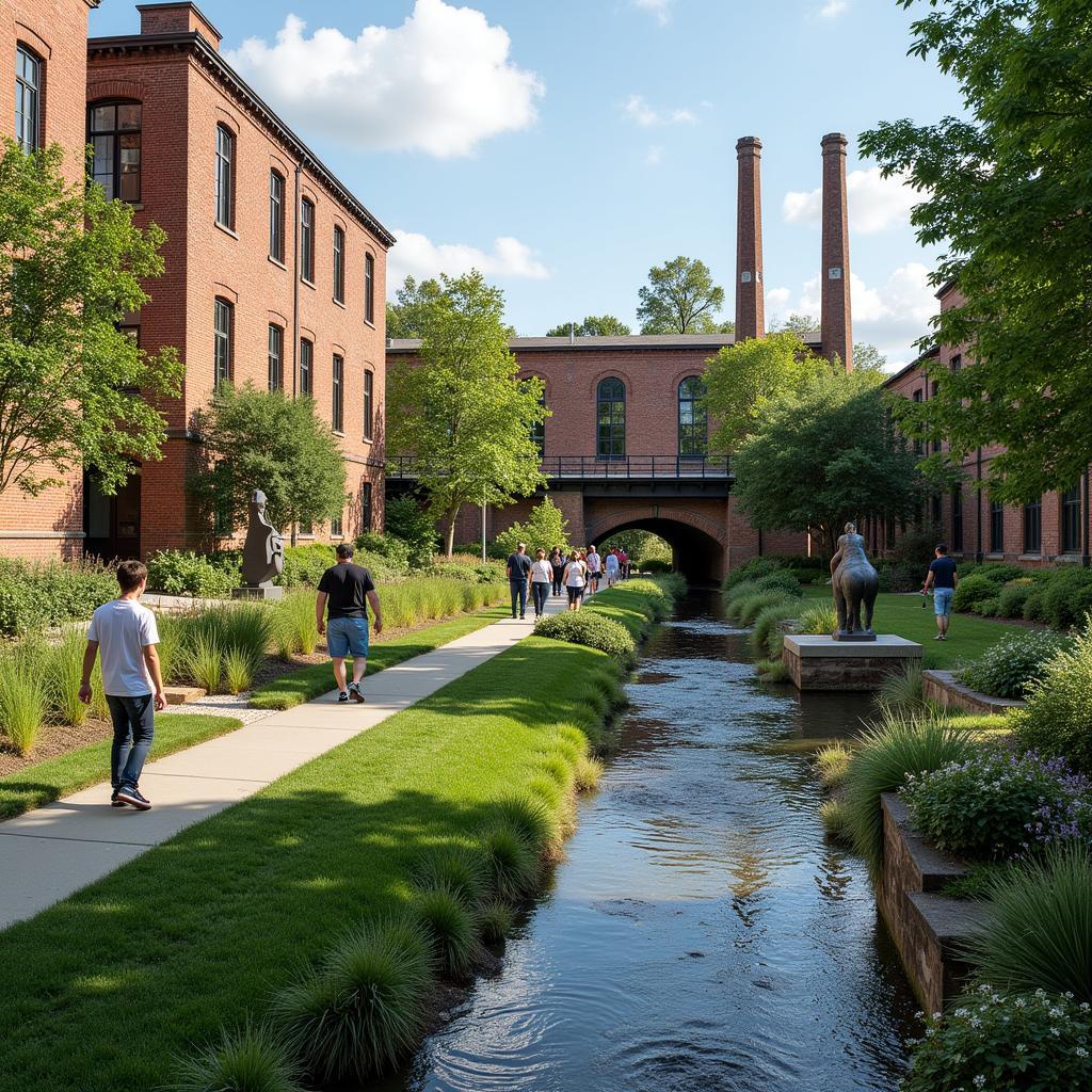 People enjoying sculptures in an open-air setting beside the millrace