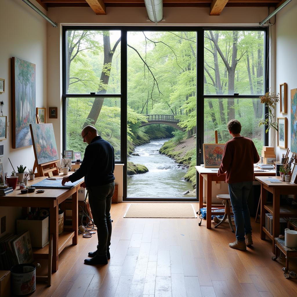 Artists working in a studio space along a millrace