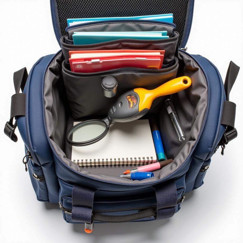 Close-up of the various compartments and features of an arts & science bag