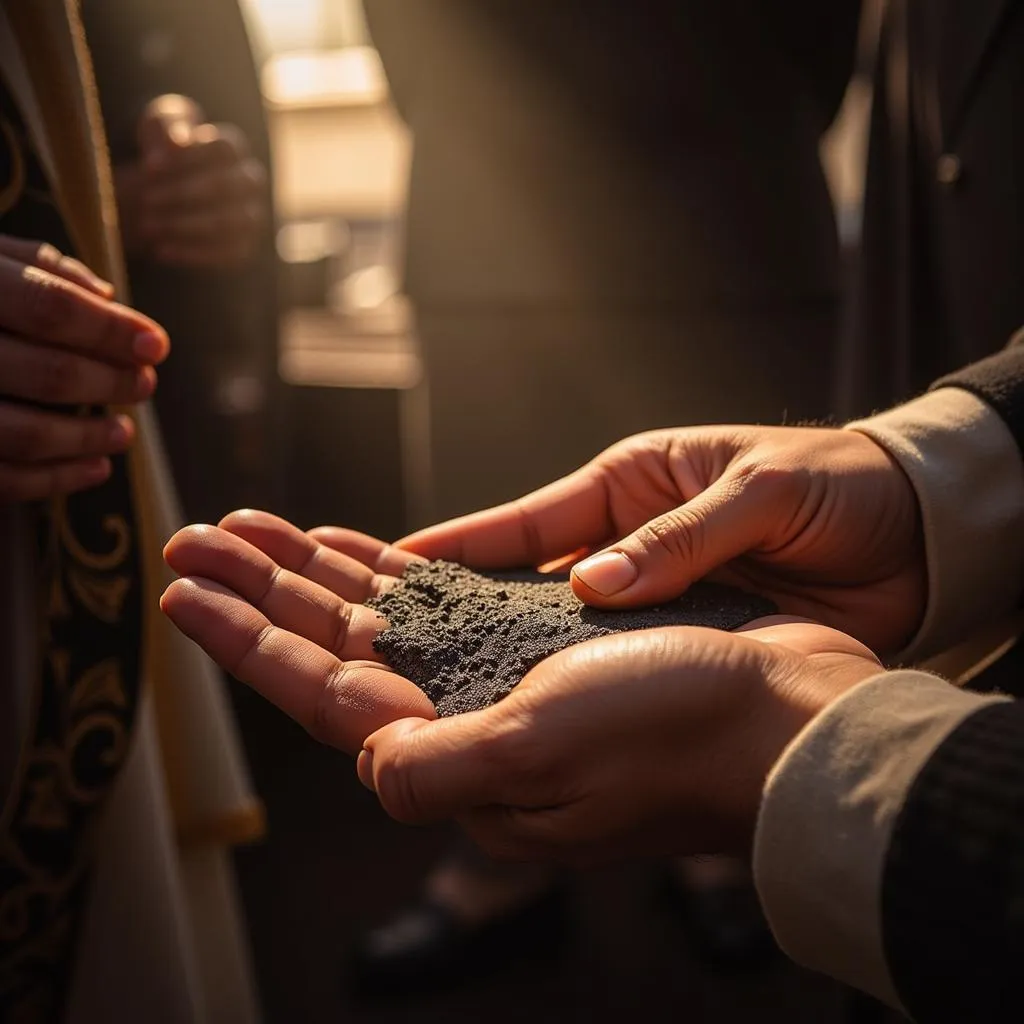 A person receiving ashes on their forehead