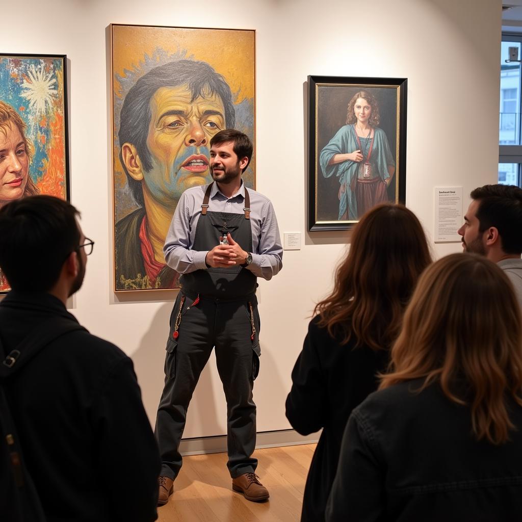 An artist engaging in a conversation with visitors about their artwork during the Ashland Art Walk