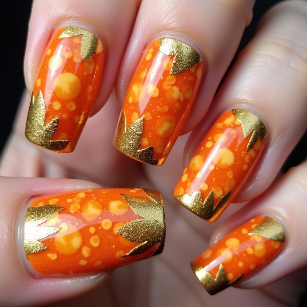 Bold gold and fiery orange nail art inspired by the Leo zodiac sign