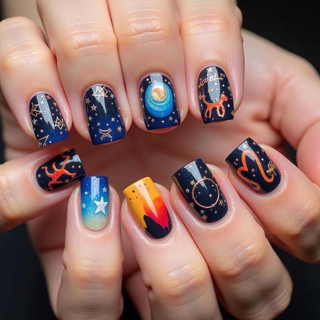 Nail art designs featuring all twelve zodiac signs