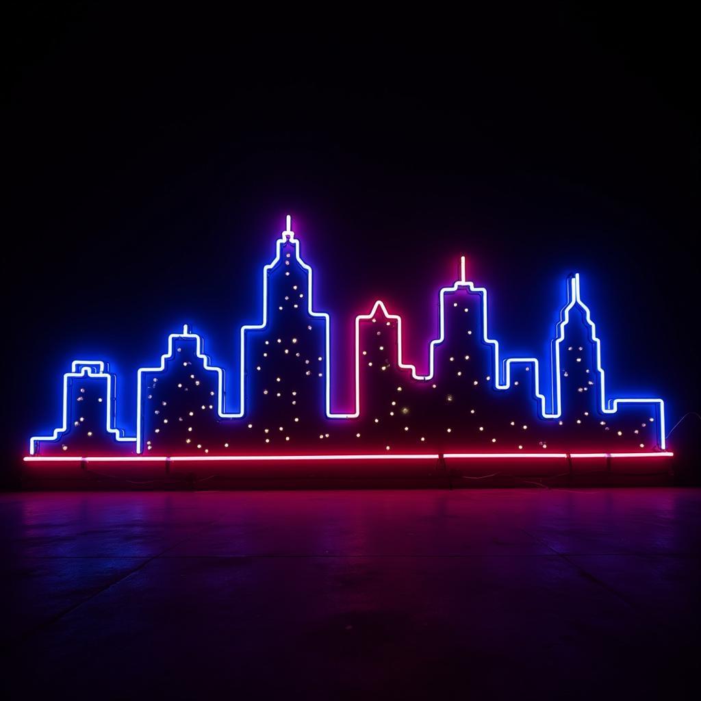 Neon light art installation with the Austin skyline