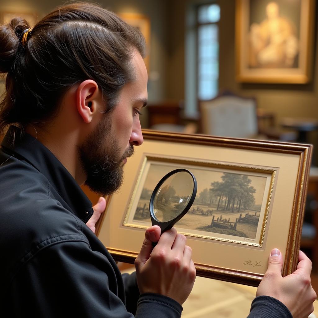 Expert Examining an Antique Framed Art Print