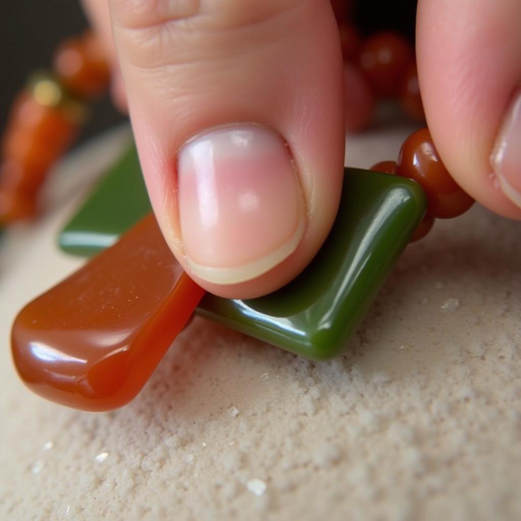  Close-up of a Hand Examining an Art Deco Bakelite Necklace