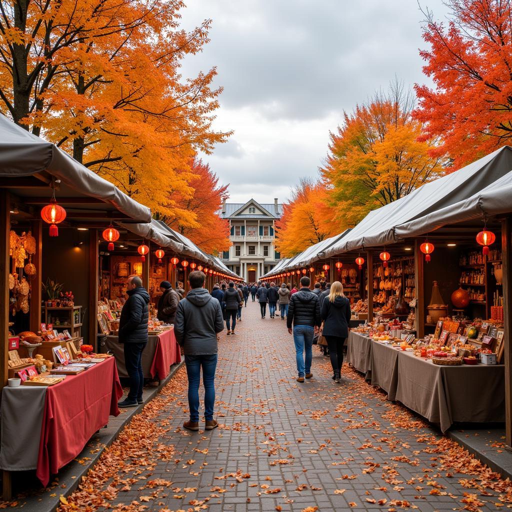 Vibrant arts and crafts booths at an autumn festival