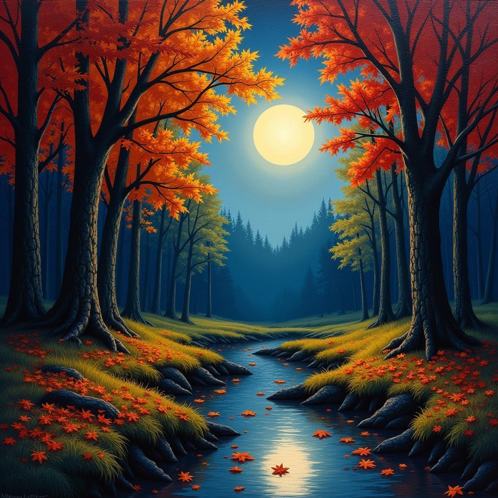 Autumn Night Forest Painting with Vibrant Colors