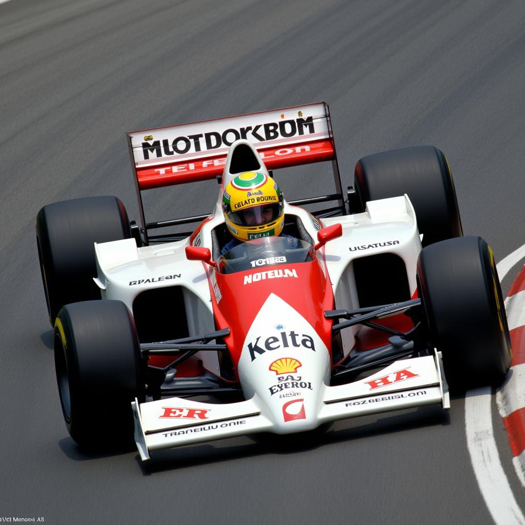 Ayrton Senna racing with his iconic helmet