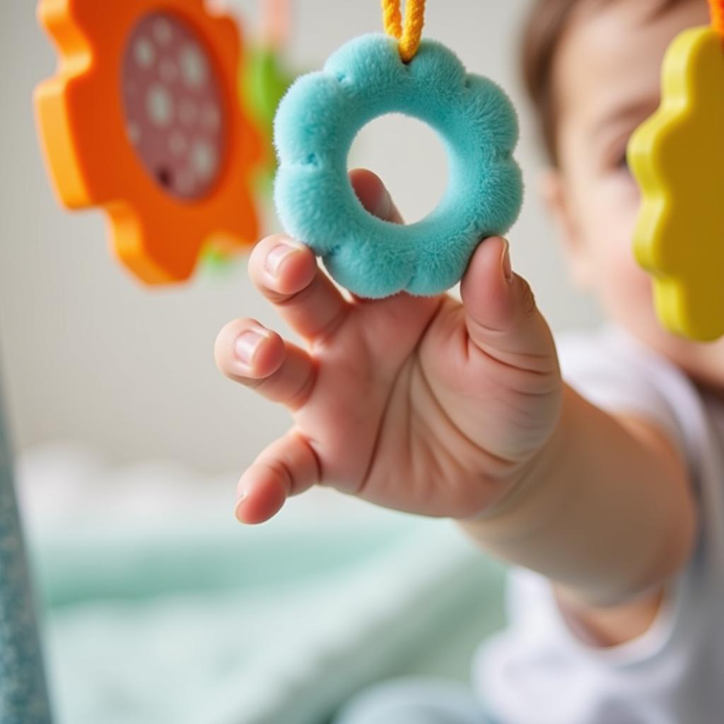 Baby touching a mobile with colorful shapes