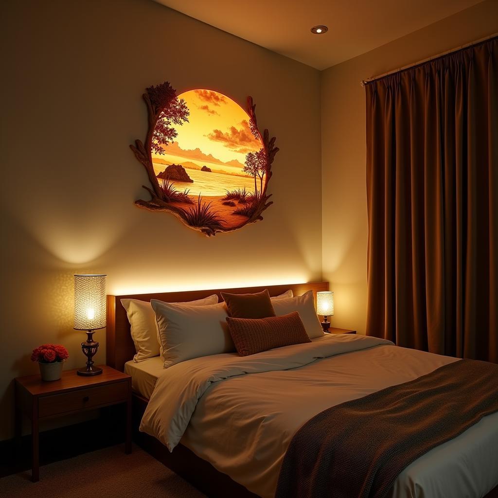 Bedroom with backlit 3D wall art