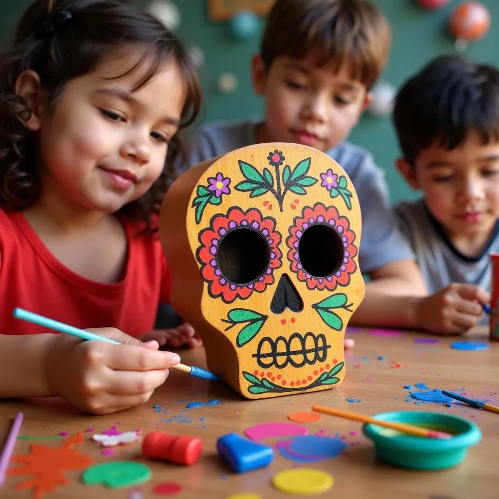 Small hands decorating Dia de Los Muertos skull boxes