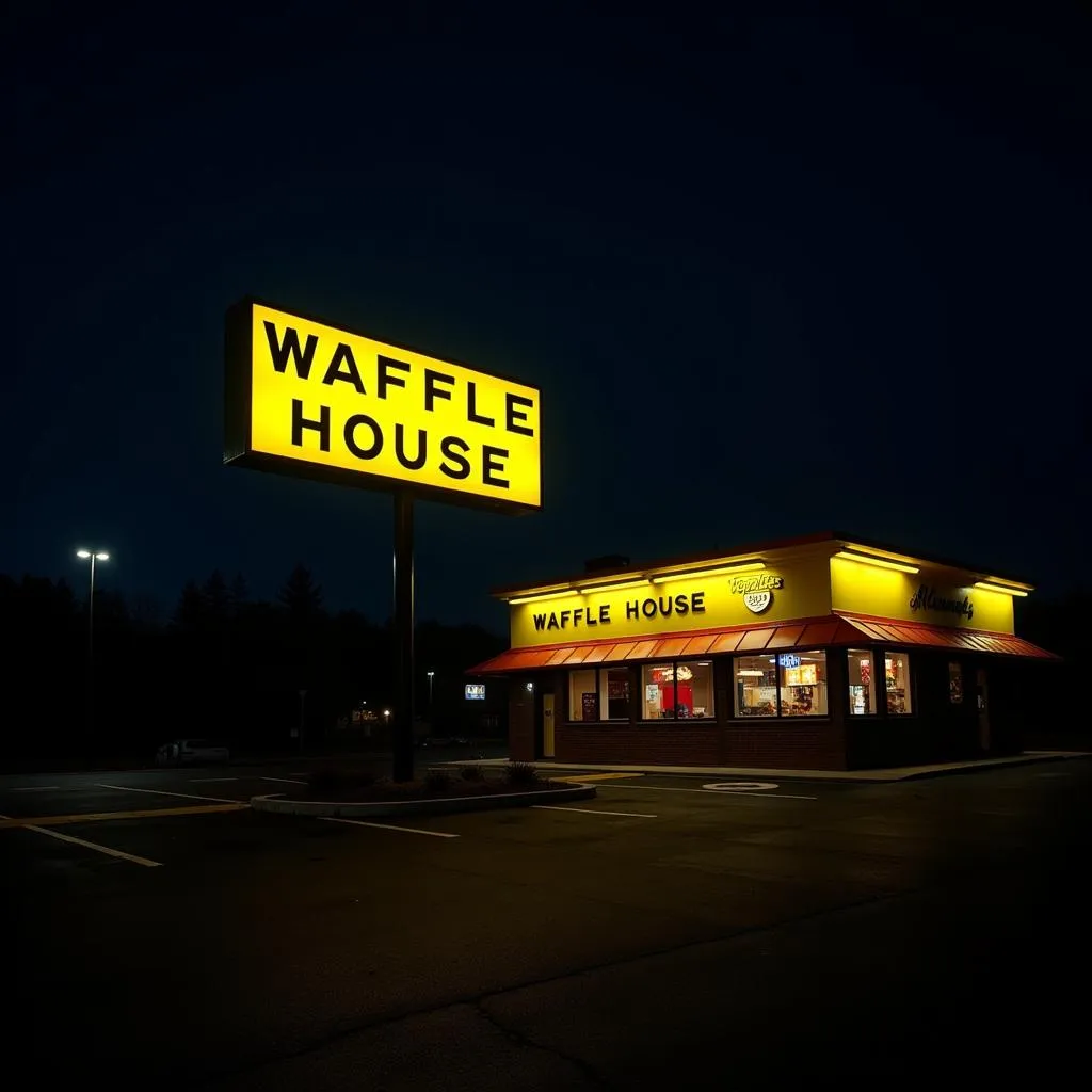 Bảng hiệu neon Waffle House vào ban đêm