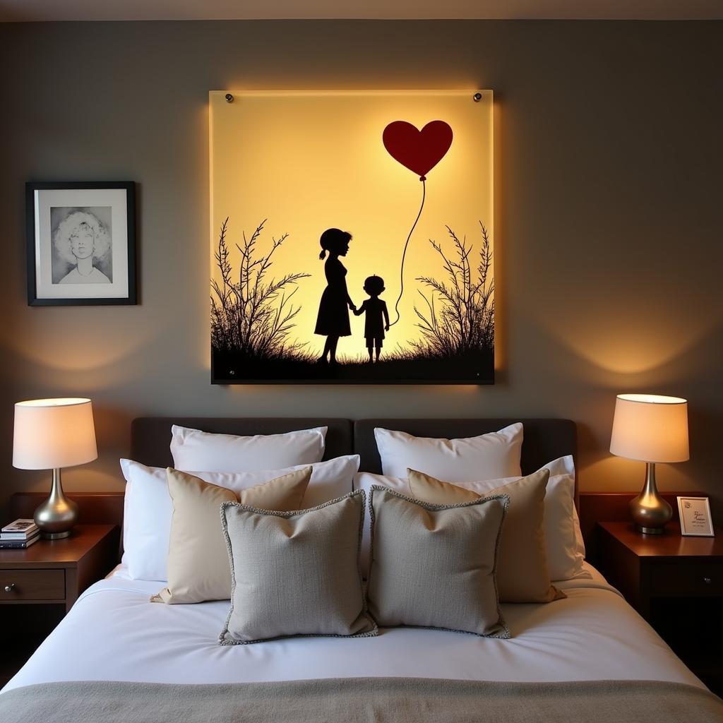 Banksy glass wall art above a bed