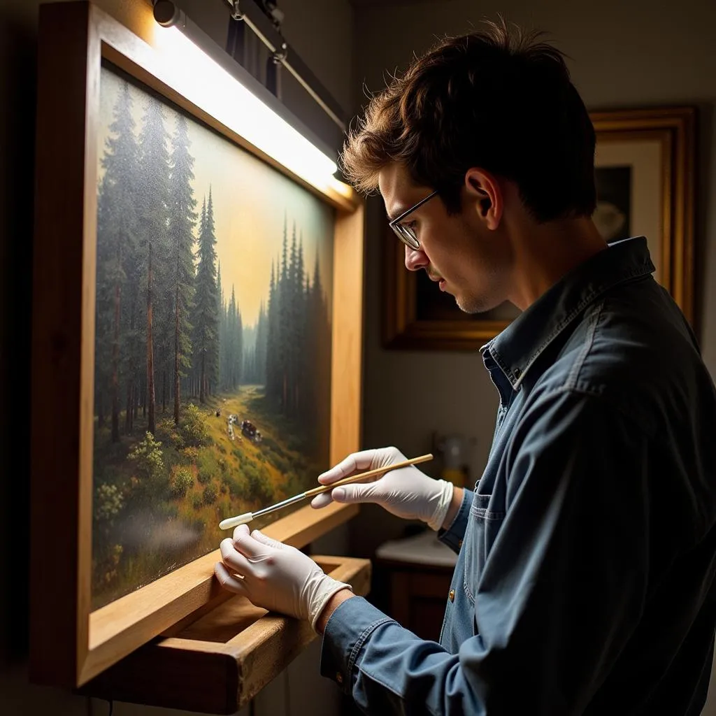 Art conservator examining a Tom Thomson painting