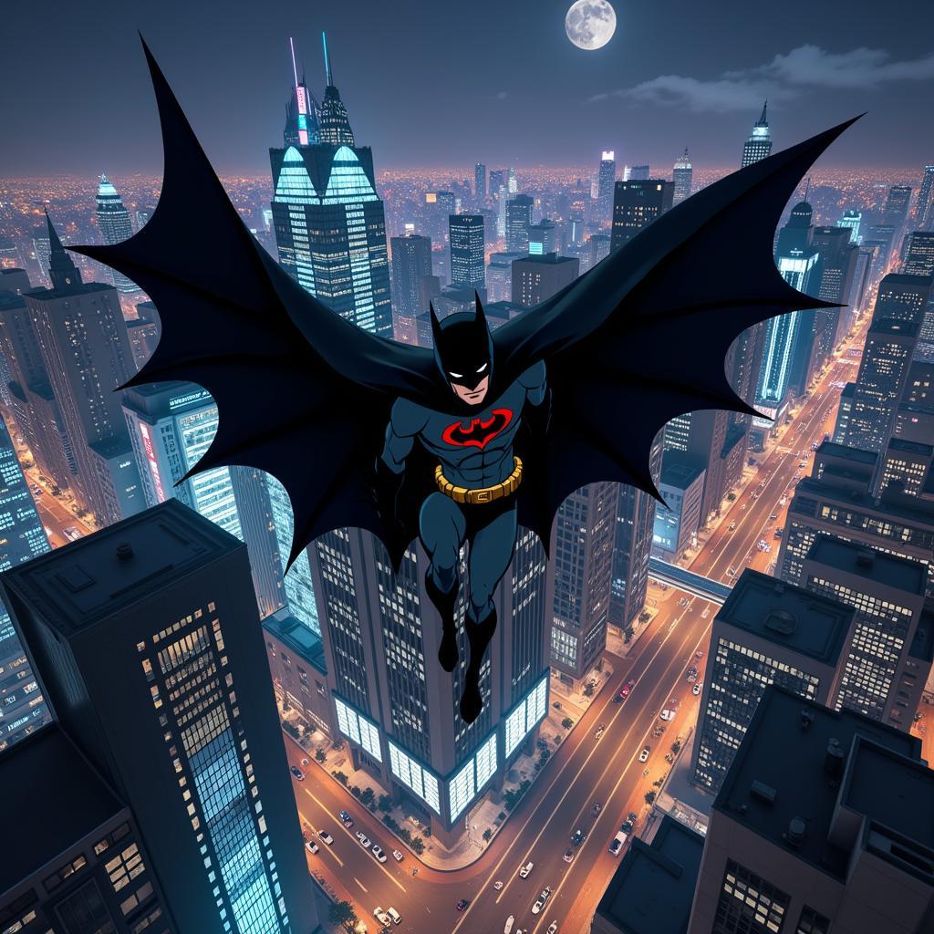 Batman Beyond flying over Neo Gotham