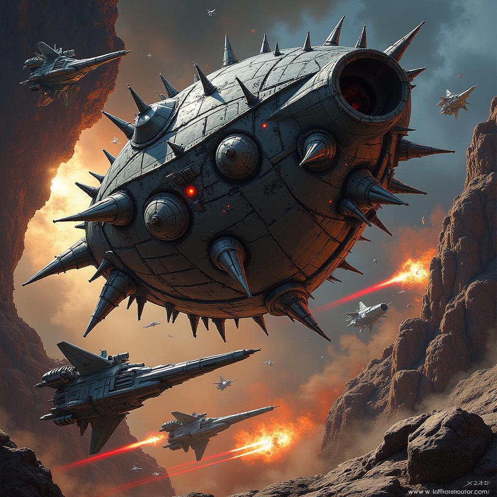 A Cylon Basestar in the midst of a space battle rendered in a stylized digital art style