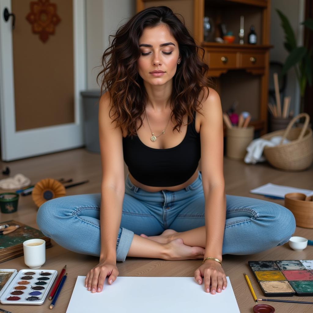 Woman meditating while painting