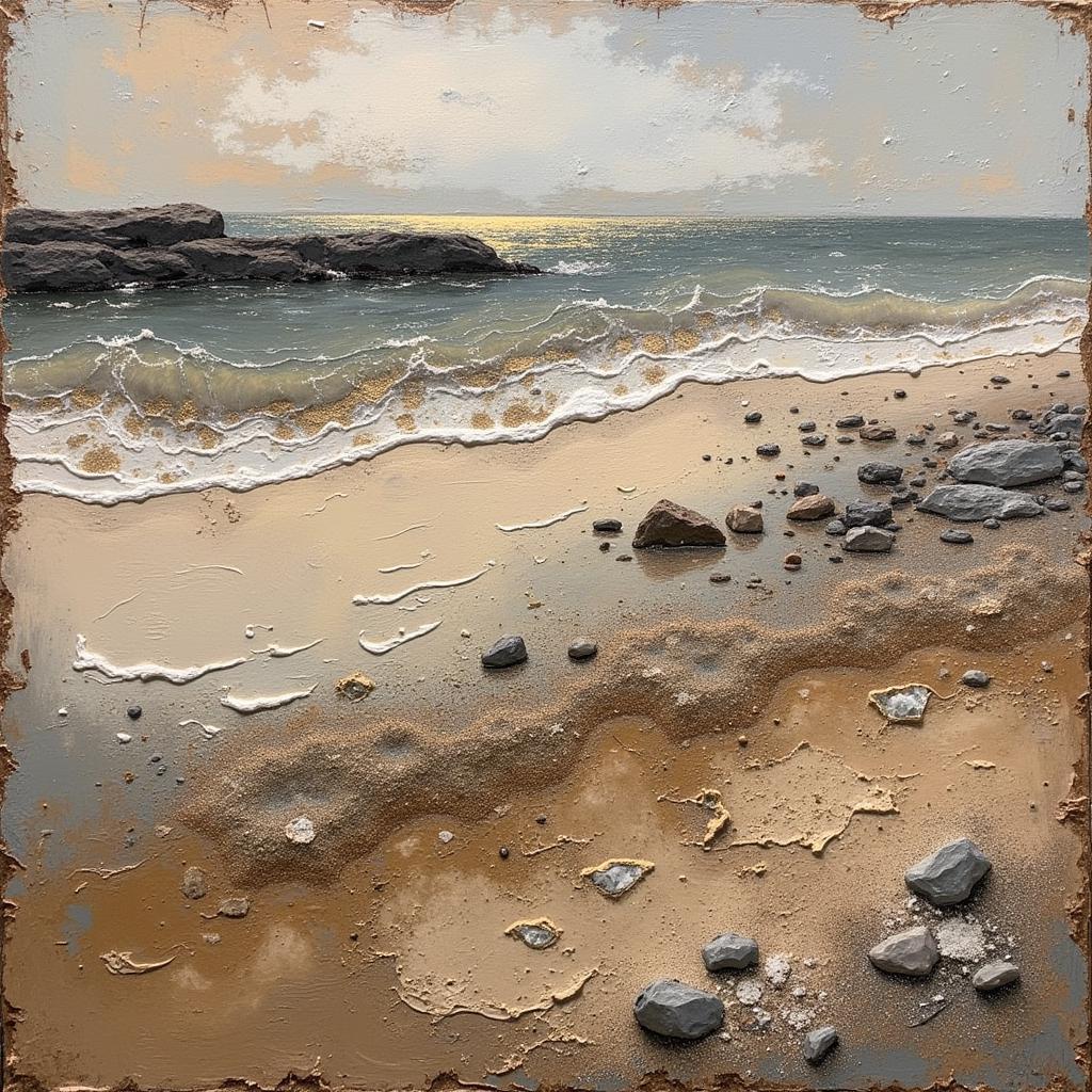 Textured Beach Abstract Art: Sand and Rocks Represented with Mixed Media