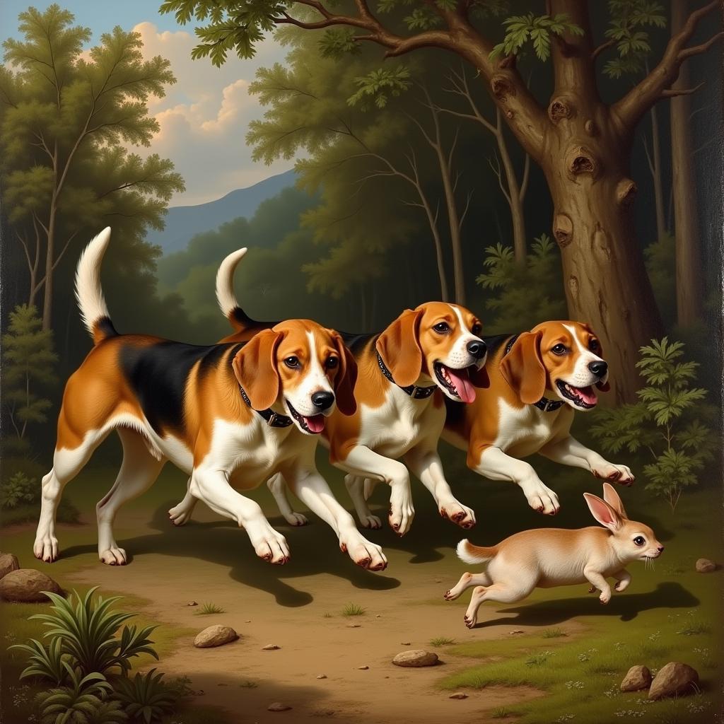 Classic Beagle Hunting Scene in Oil Painting